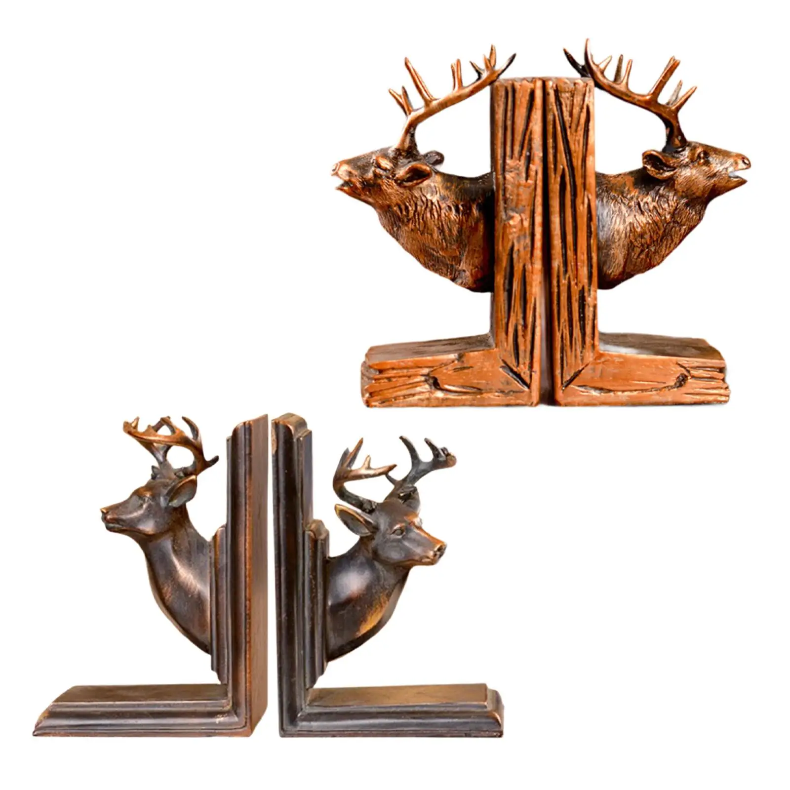 2x Elk Head Statues Bookends Art Crafts Resin Book Shelf Holders Decorative Figurines for Entrance Office Bookshelf Desk Cabinet