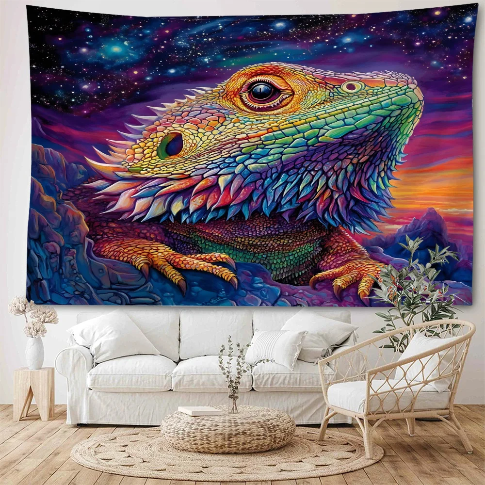 Colorful forest animals, lions, wolves, owls, lizards, background decorations, tapestries, children's room background decoration