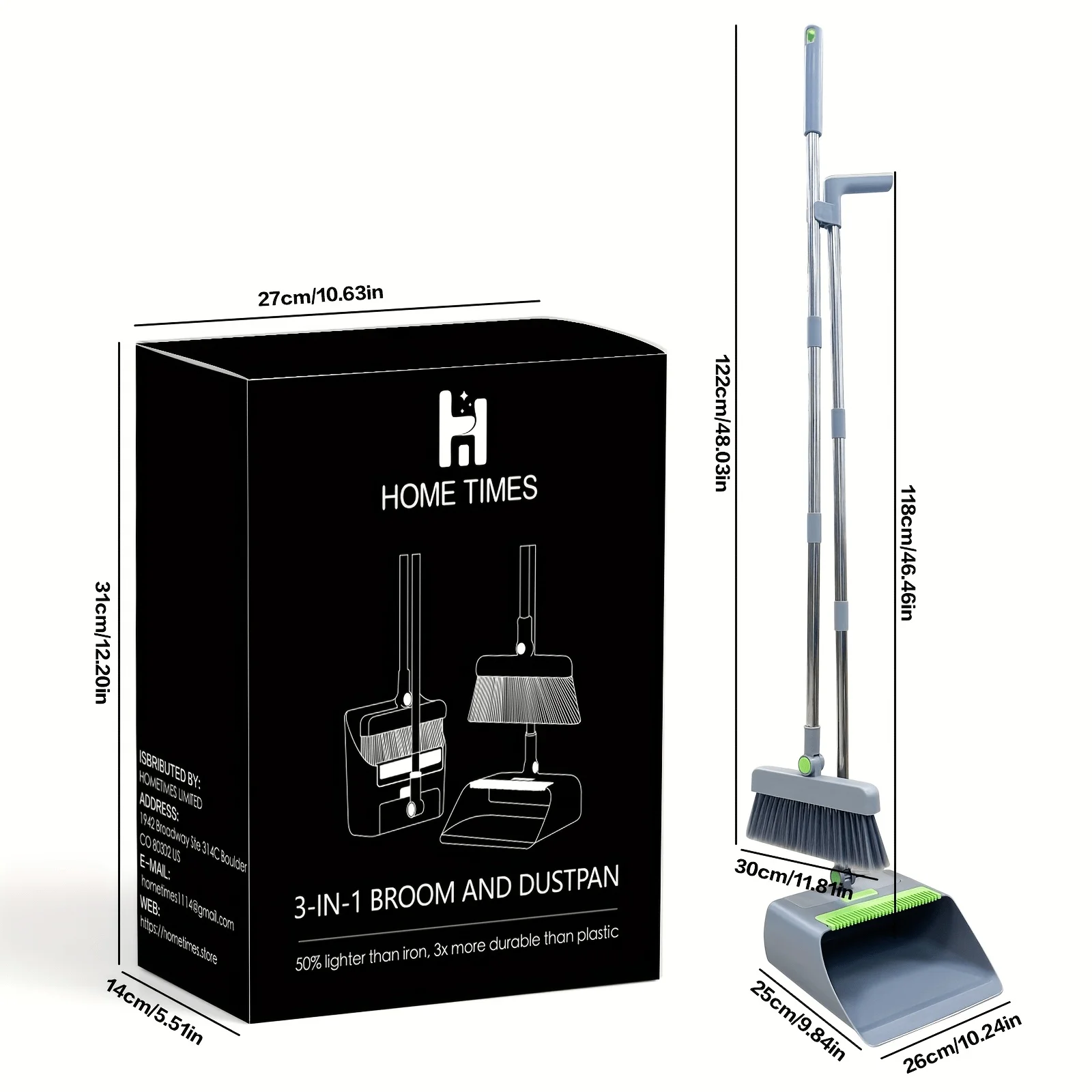 HOME TIMES 3-in-1 Broom Dustpan Set, Stainless Steel Telescopic Handle, Rotatable Head, Space-Saving Kit Indoor & Outdoor