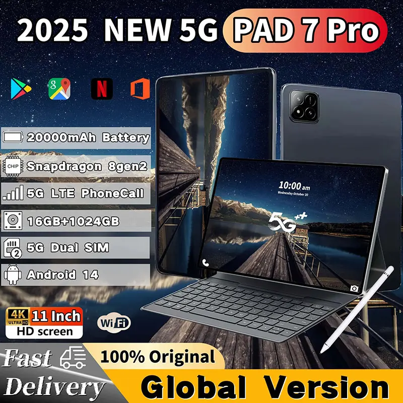 2025 НОВЫЙ оригинальный планшет Pad 7 Pro Android14 Snapdragon 8gen2 HD 16 ГБ + 1 ТБ 20000 мАч 5G Dual SIM Bluetooth WiFi GPS Столы ПК