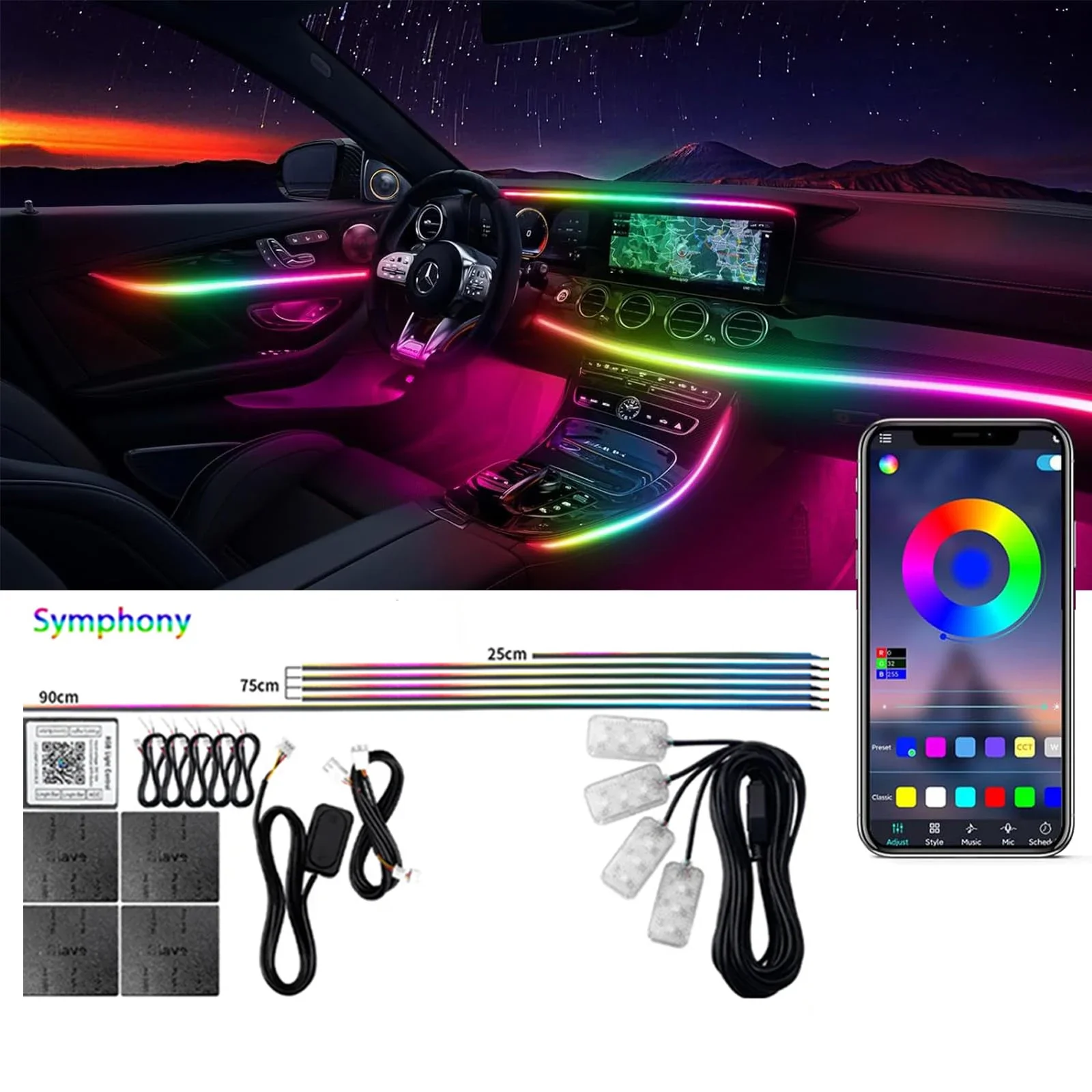 

LED Car Interior Ambient Light Strip APP Controlled Acrylic Fiber Music Sync Neon Decorative Light Kit 12V Universal for Vehicle