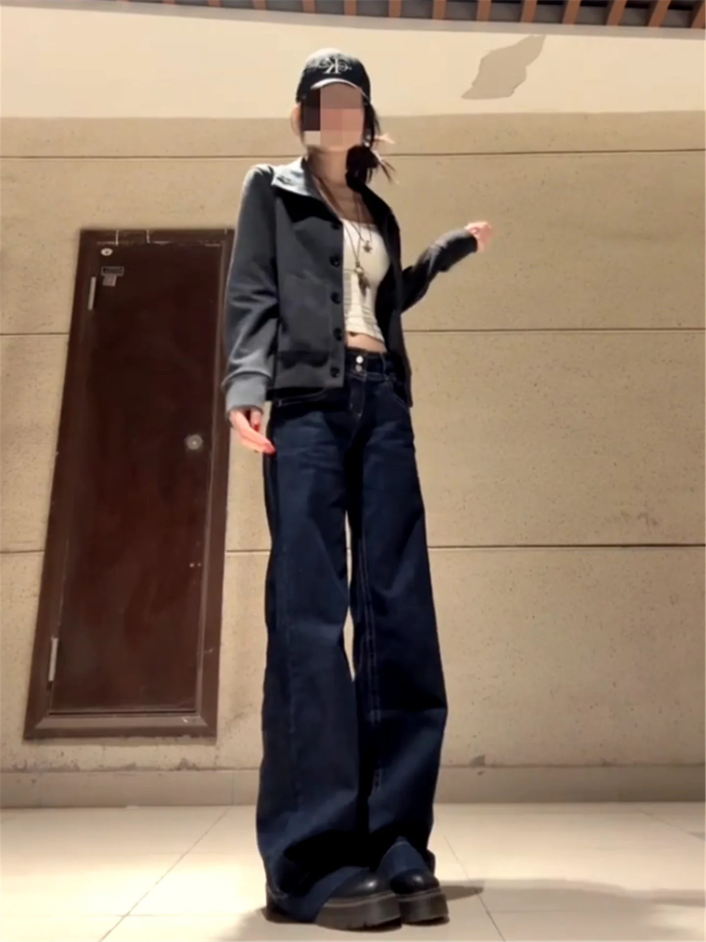 

American Style High Waist Extended Length Loose Fit Straight Leg Bell Bottom Jeans Women's Casual Cotton Denim Pants