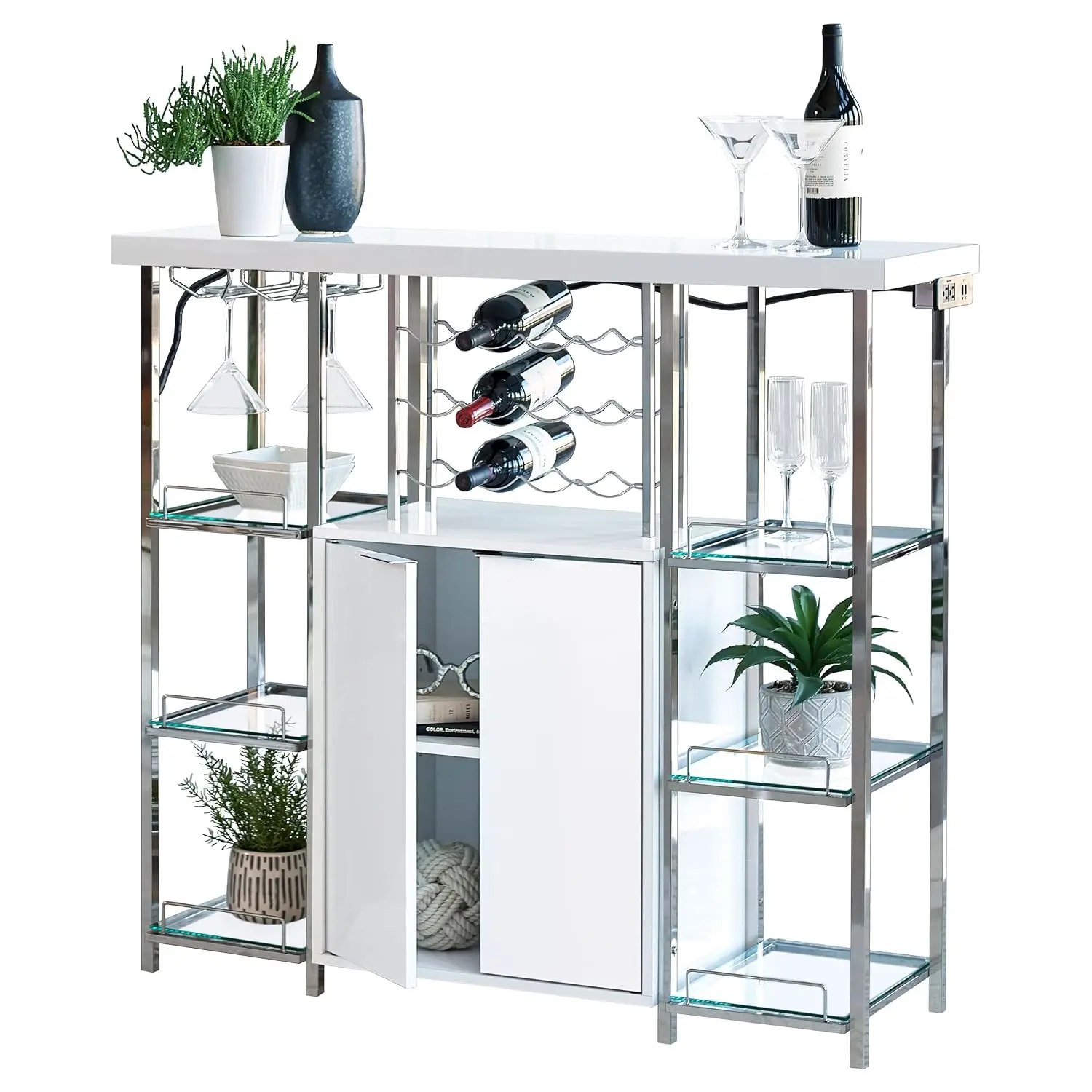 Wood & Metal 2-Door Bar Cabinet with Bottle & Stemware Rack, Built-in Power Outlet for Dining Room & Home Bar, White, Customized