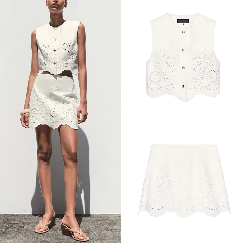 

Women's Embroidered Hollow out Vest Sle Top Skirt Pants Set Summer 2025 Faion Ensemble Polyester Fiber Z Brand