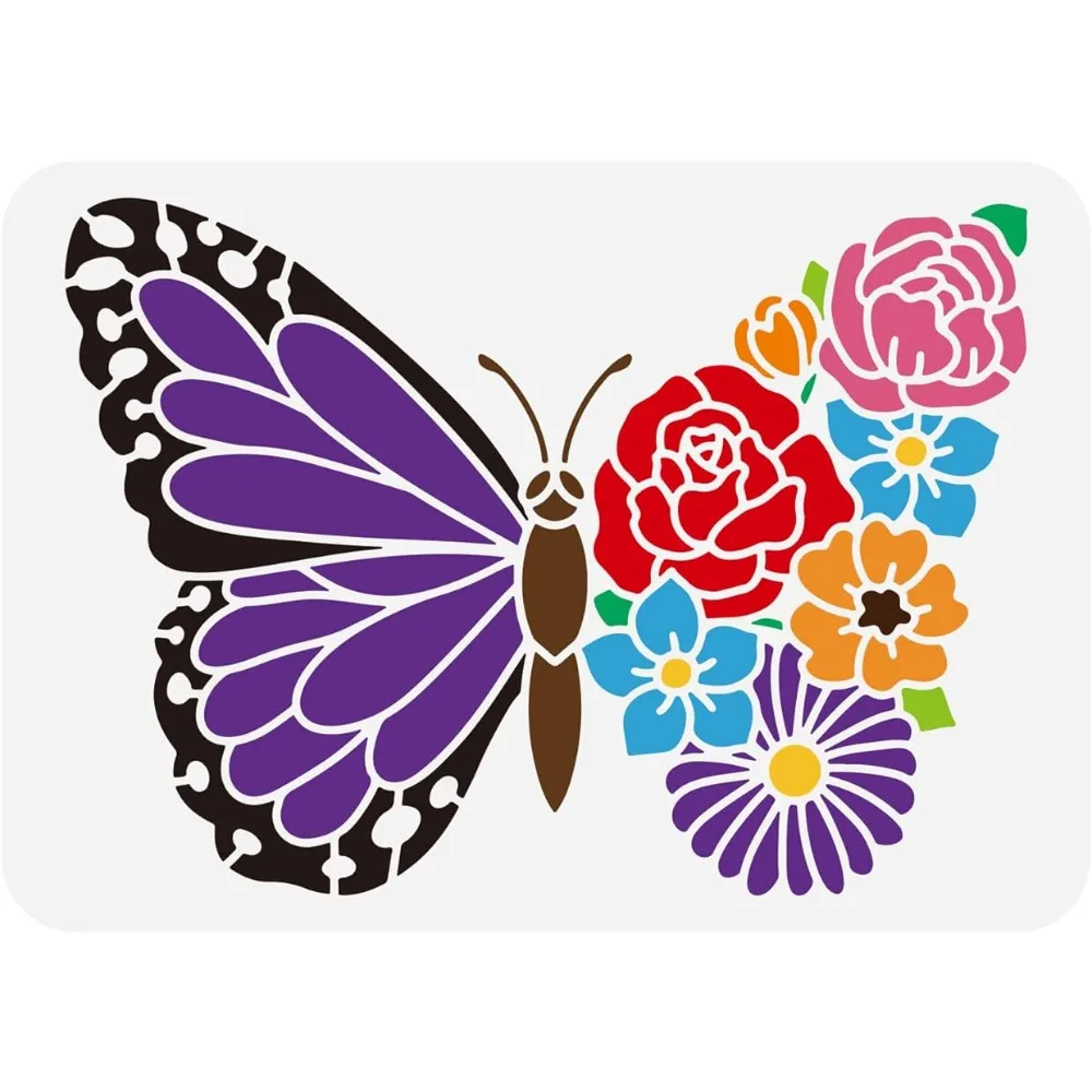 Floral Butterfly Painting Stencil 11.7x8.3 inch Hollow Out Big Butterfly Craft Stencil Reusable Various Flowers Stencil DIY Art