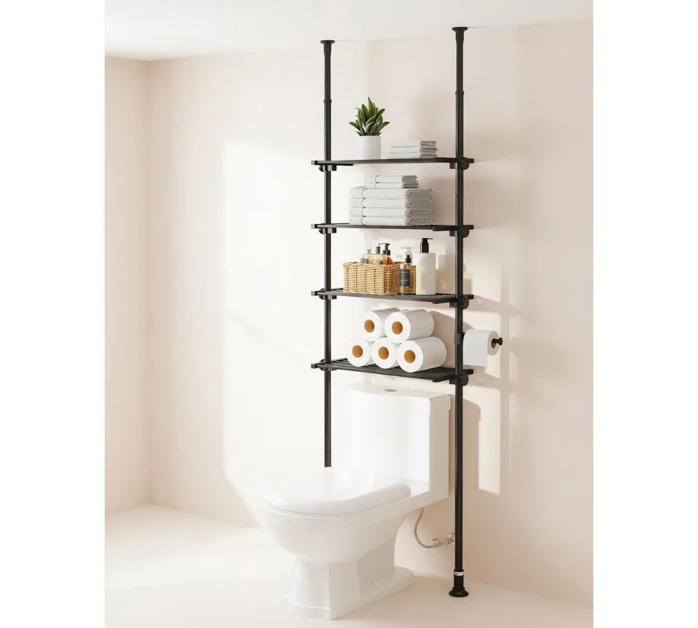 

Adjustable Over Toilet Storage Shelf, 4-Tier Bathroom Organizer with Tension Mount, Fits 64-113 Inch Heights, Black