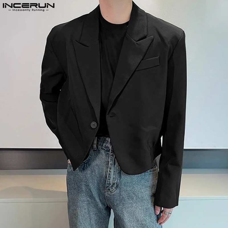 INCERUN 2024 Men Blazer Solid Color Lapel Long Sleeve One Button Korean Male Casual Suits Streetwear Fashion Crop Coats S-5XL