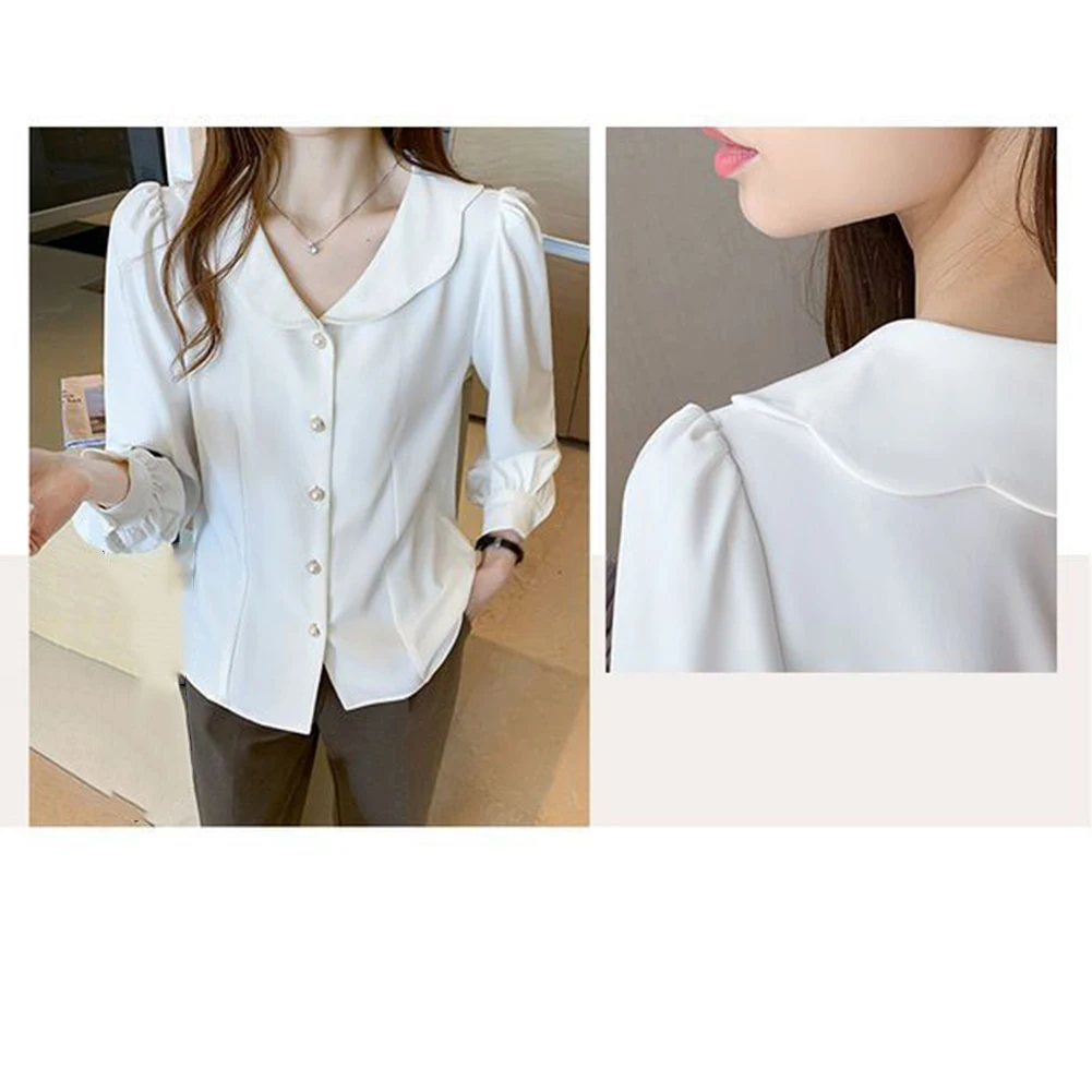 قميص كاجوال بياقة أطفال بيضاء للنزهة قميص نسائي لقضاء عطلة الربيع بلوزة ملابس يومية قميص ينطبق على الإجازة