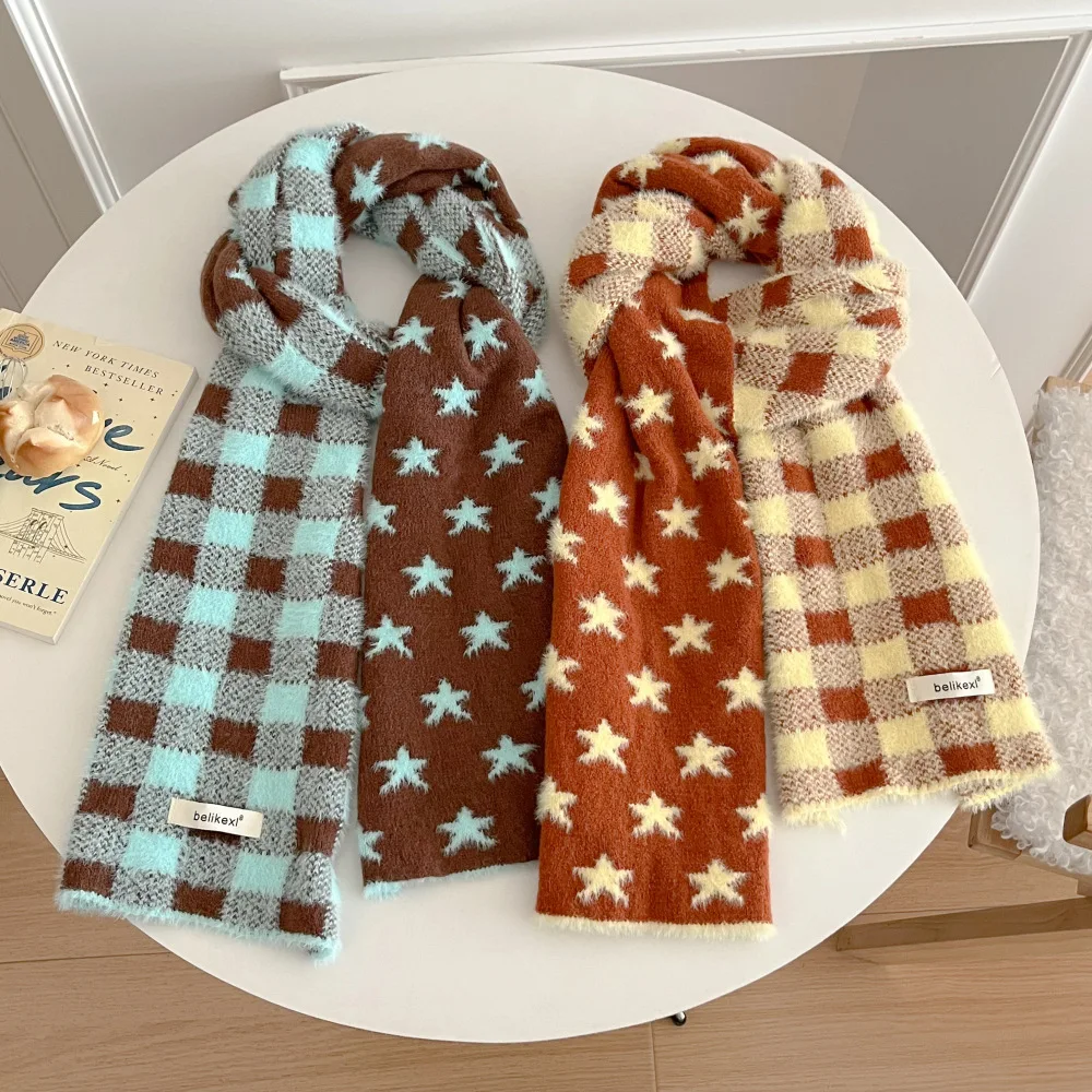 Mint Green Star Double Sided Plaid Scarf Women Autumn Winter  Faux Cashmere Shawl