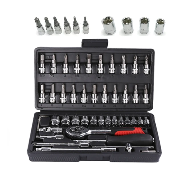 1/4 46 pcs CRV Portable torque ratchet wrench set socket hand tool set for Auto Repair Pocket tools Herramientas novedosas Llave