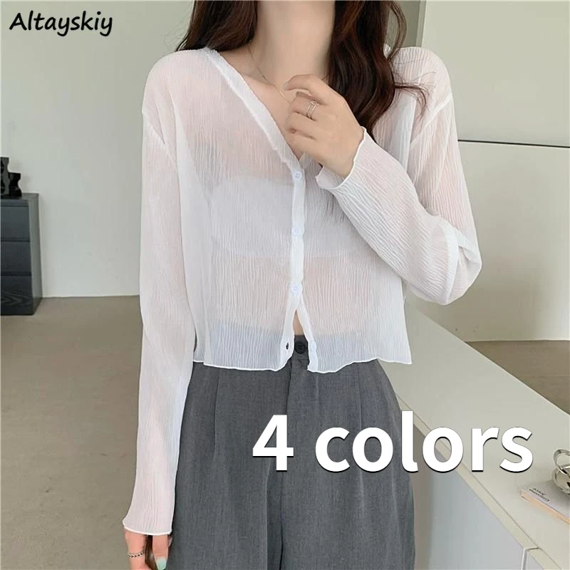 Sun-proof Jackets Women See-through Cropped V-neck Tender Summer Minimalist Vacation Breathable Thin Outwear All-match Fashion