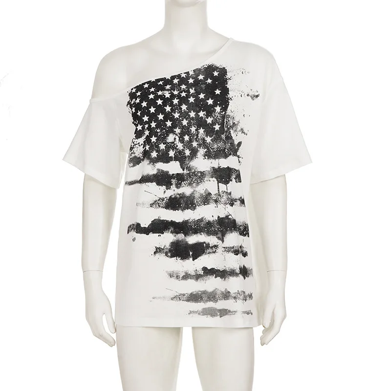 Street style spicy girl five pointed star print sexy off shoulder loose slimming casual T-shirt