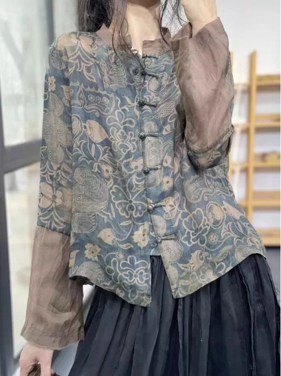 

Spring Artistic Long Sve Open Cardigan irt Color Blo Print Collar Button Cotton Linen Women's Traditional Tea Costume
