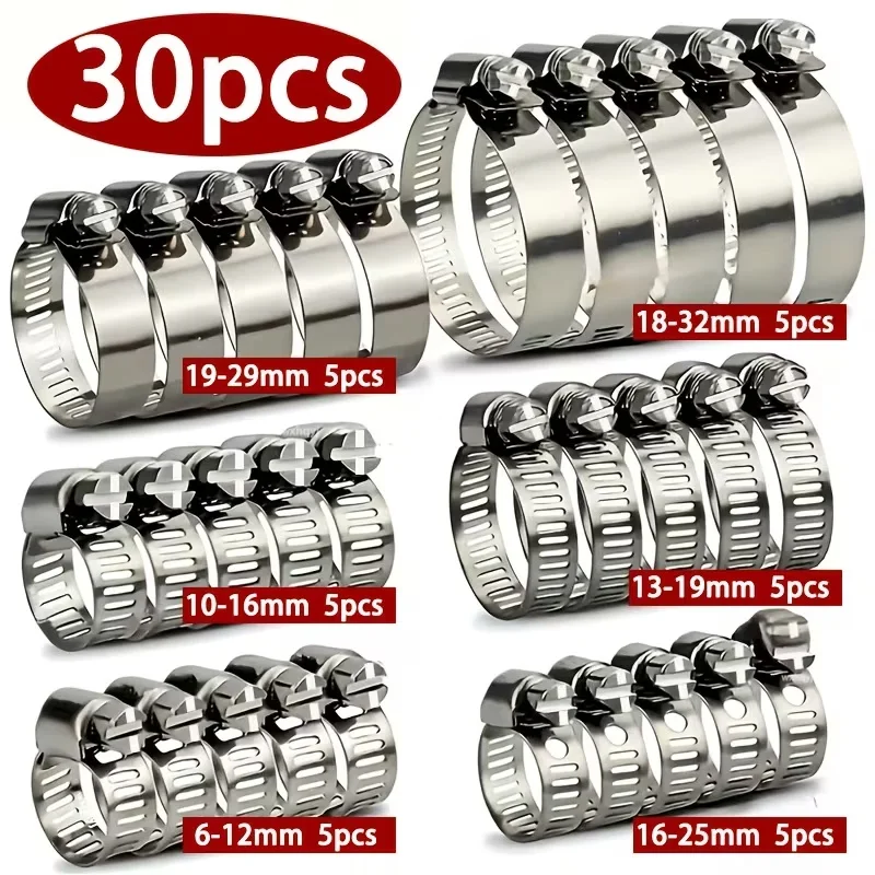 30pcs Adjustable Stainless Steel Hose Clamp Assortment, 1/4