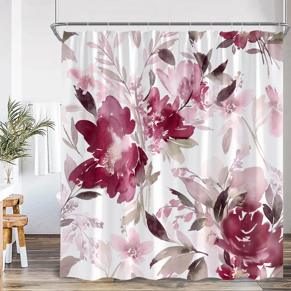 Watercolor Floral Shower Curtain Colorful Flower Blooming Blossom Green Leaf Bathroom Decor Polyester Bath Curtain with Hook