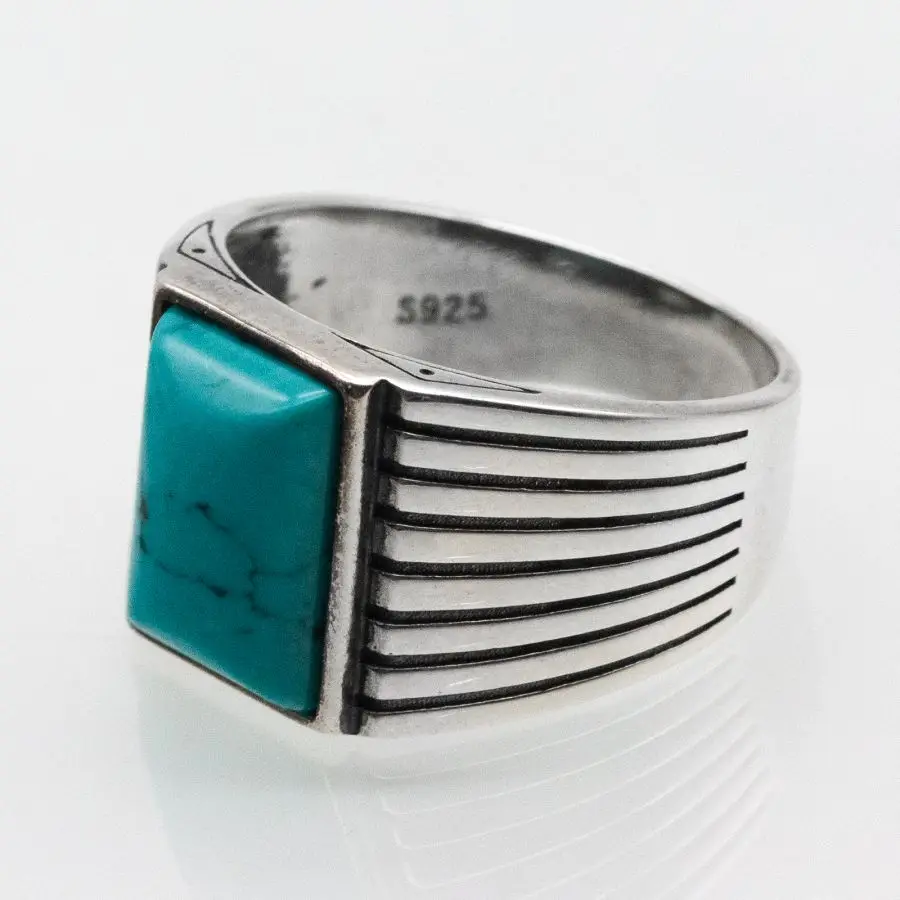 Wholesale Sliver Hand Ring 925 Sterling Silver Men Vintage Turquoise Stone Handmade Fashion Simple Rings Male