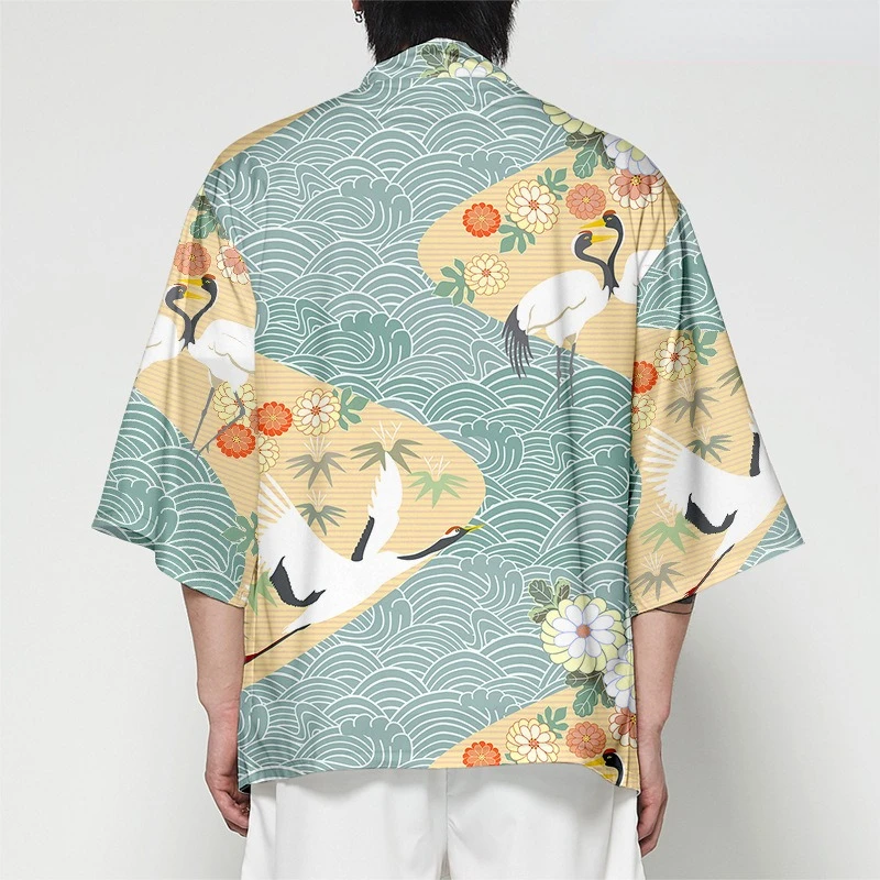 

Summer Crane Print Kimono Men Fashion Hawaiian Shirt Trendy Beach Tops Women Cosplay Yukata Bathrobe Haori Loose Kimono Outwear