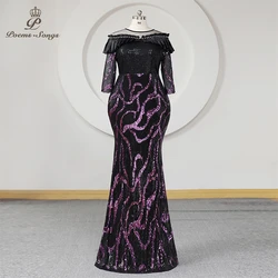 Purple Sequins Mermaid half Sleeve Evening Dress Plus Size Women Beads Sheer Neck Prom Dresses Party Formal Maxi dress