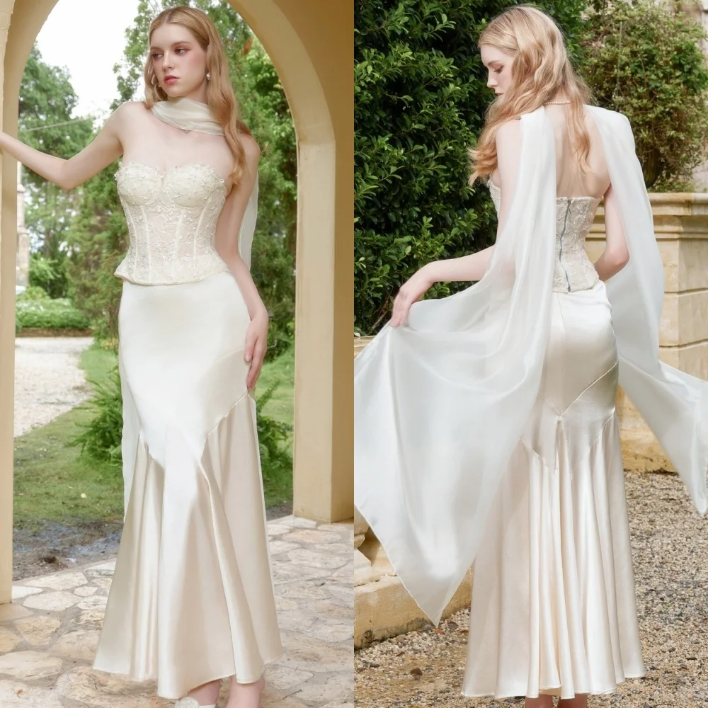 

Customized Modern Style Classic Charmeuse Ruched Ribbon Mermaid Strapless Ankle Length Dresses Bespoke Occasion Dresses Matching