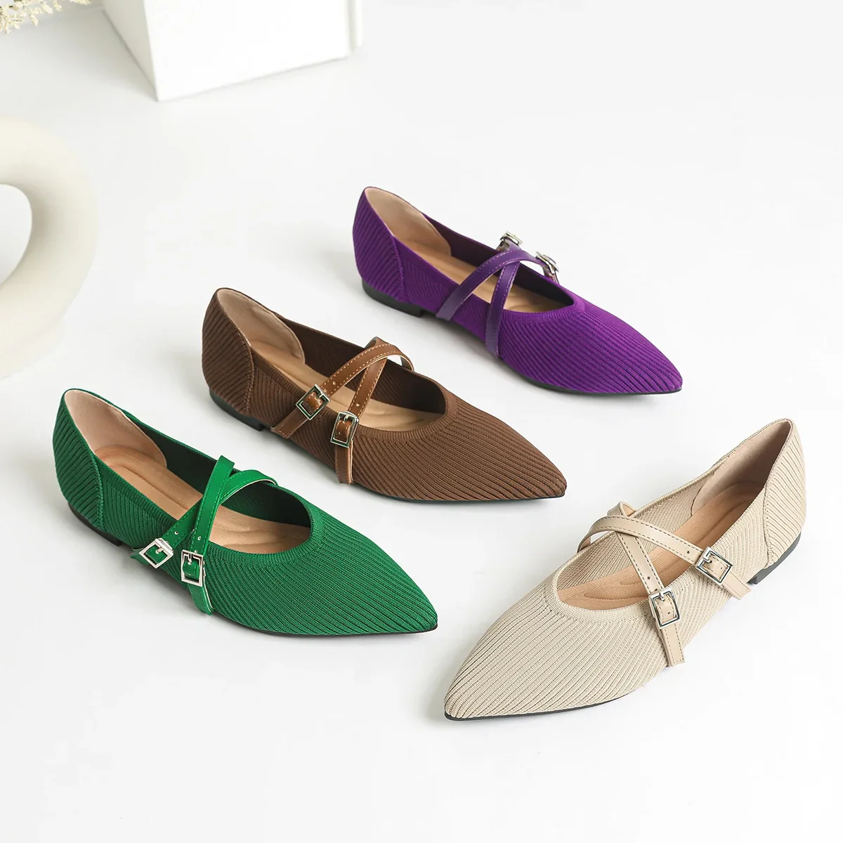 أحذية ماري جين النسائية بمقدمة مدببة 2025 ربيعية ضحلة بحزام متقاطع أحذية نسائية محبوكة قابلة للتنفس أحذية متوسطة الكعب للسيدات