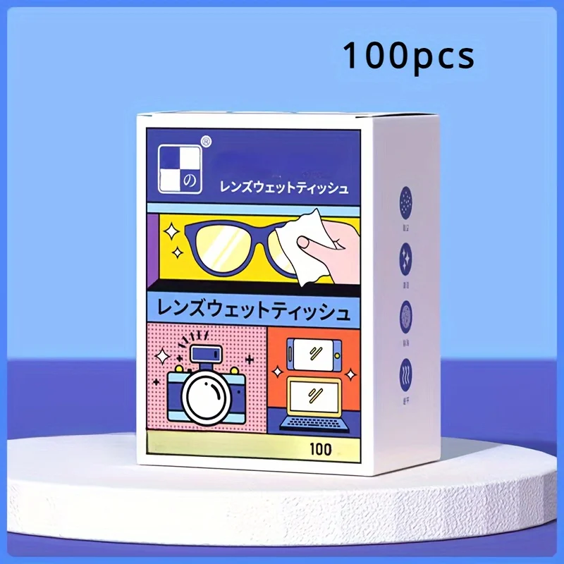 100Pcs/Box disposable anti fog glasses wipes, non marking glasses and screen cleaning, suitable for all lenses, phones, cameras