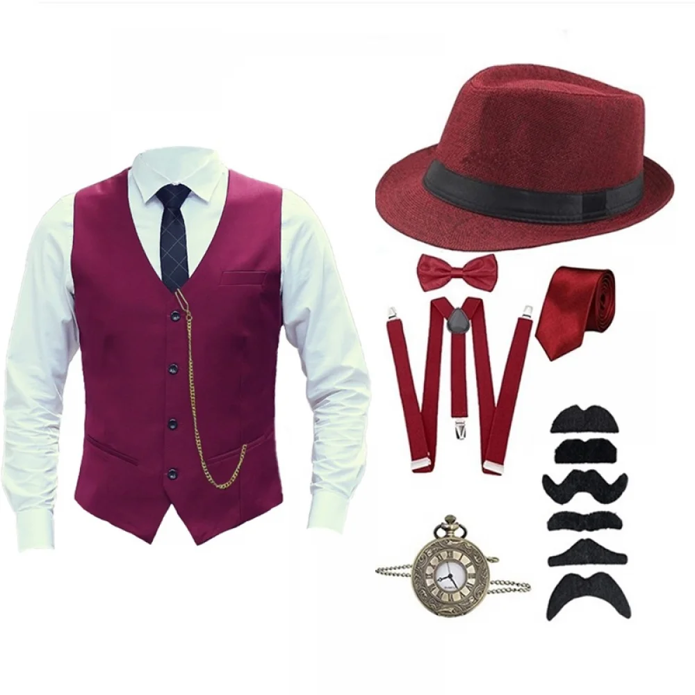 Jaren '20 Heren Vest Accessoires Set Gatsby Gangster Retro Victoriaanse Kostuum Stropdas Hoed Vintage Zakhorloge Halloween Party Outfit