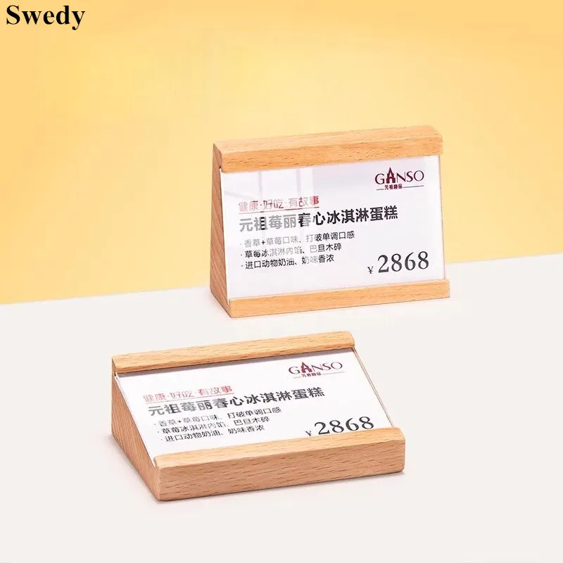 50x70mm Small Wood Base Acrylic Sign Holder Display Stand Table Number Place Card Holder Mini Price Label Card Tags
