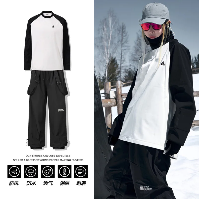 Ski hoodie and pants set, single and double board overalls, waterproof, windproof, fleece-lined, warm, loose-fitting two-piece s