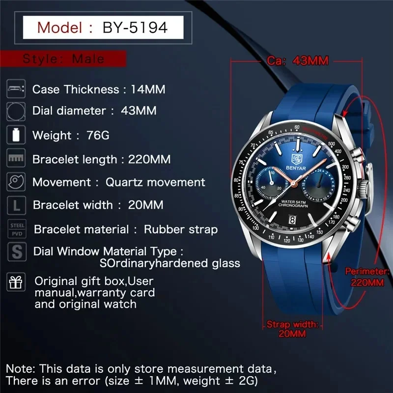 New BENYAR Mens Watches Top Luxury Moon Watch For Men Quartz Chronograph Waterproof Military Sports Luminous Clock Reloj Hombre