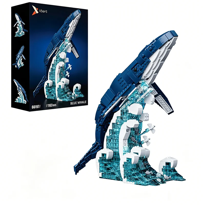 

1163PCS Articulated Blue Whale Building Blocks Ocean Wave Base Animal Model Desktop Ornament Educational DIY Holiday Adult Gift