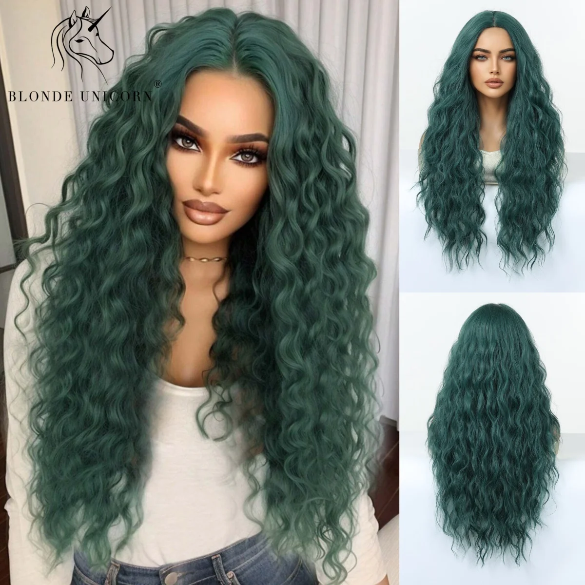 Blonde Unicorn 28inch Green Middle Part Long Curly Synthetic Wig for Women Heat Resistant Color Hair for Daily Party and Cosplay