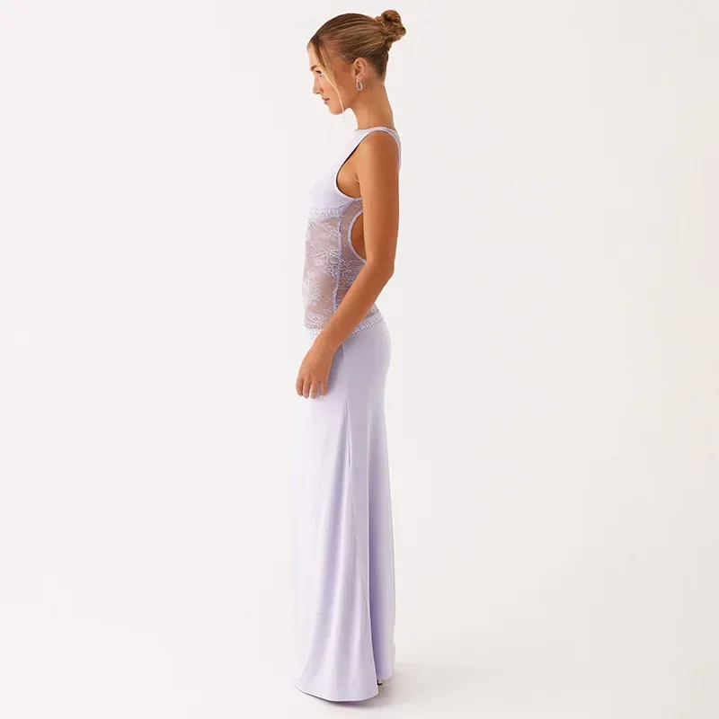 2025 New European and American Summer Sexy Slim Fit Long Dress with Lace Satin Patchwork Backless Long Dress, Slimming Dress