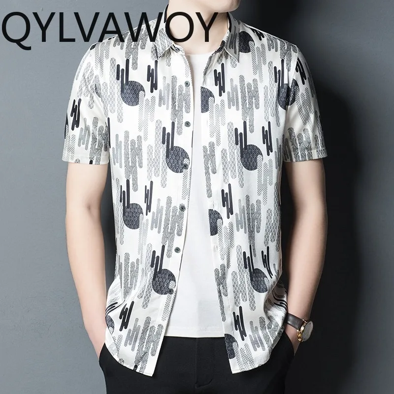 QYLVAWOY Men's Shirts 90.8% Mulberry Silk Man Shirts 2025 Summer Tops Short Sleeve Clothes for Man Printed Lapel Business Casual