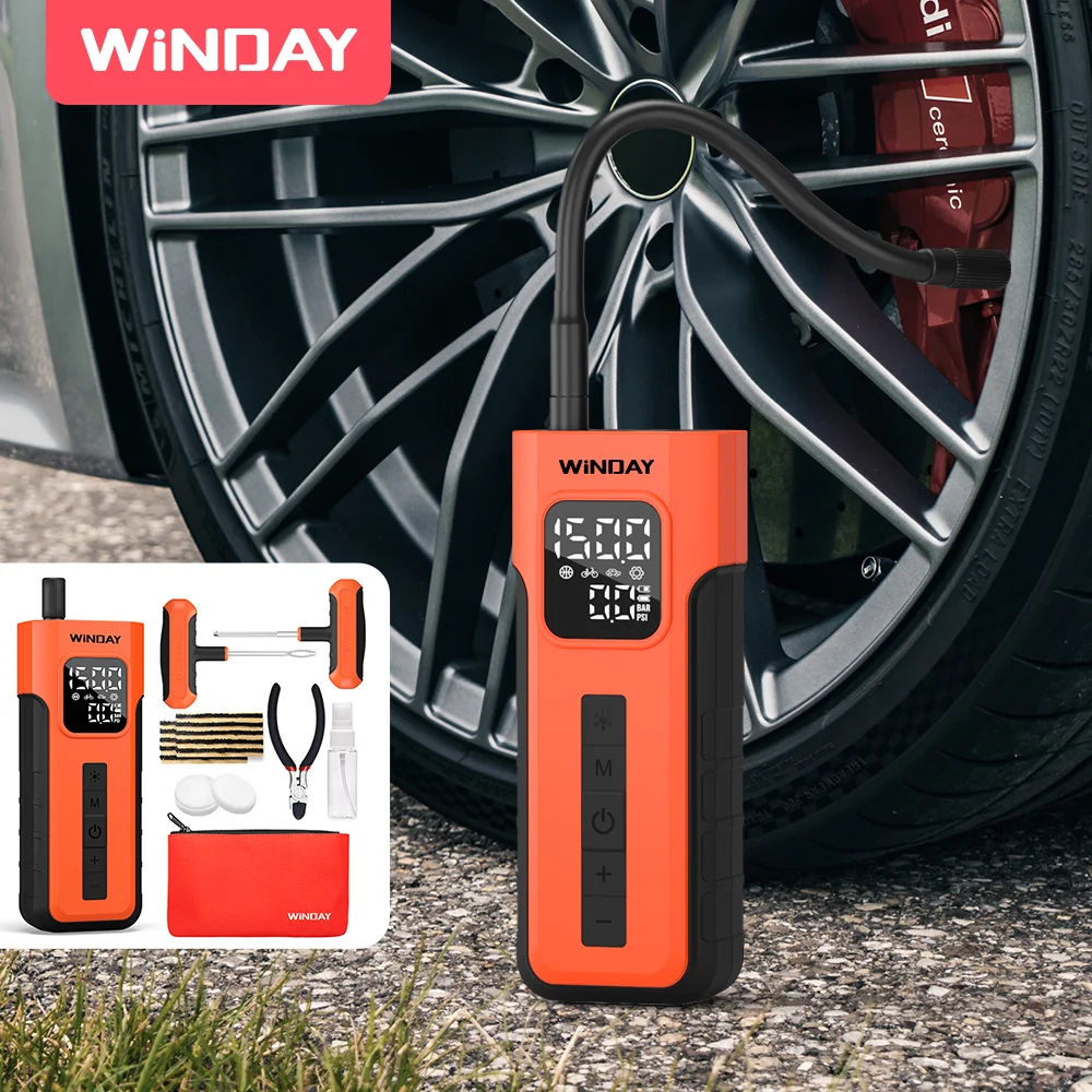C2 COMBO Air Pump & Repair Tool Kit 4000mAh Battery Tire Inflator, 100% Dyty Cycle 150 PSI Compressor Suitable for Cars, SUVs, Bikes, Reamer, Tire Plug Insertion Tool, Tire Repair Strips, Lubricant, Spray Bottle, Pliers, Storage Bag