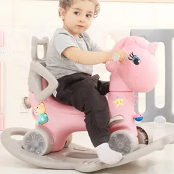 Coche de cartón de juguete para niños, caballo balancín, regalo de un año, carrito de doble uso para niños, música giratoria verde y rosa