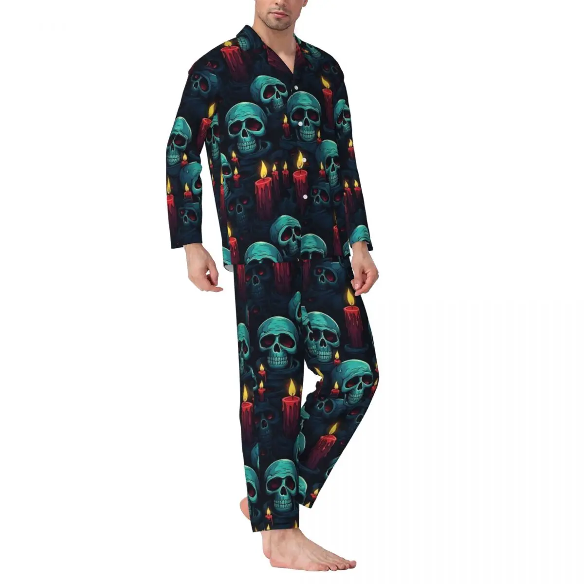 Halloween crânio e velas pijamas conjunto bonito macio pijamas unisex manga longa casual quarto 2 peças pijamas tamanho grande xl 2xl