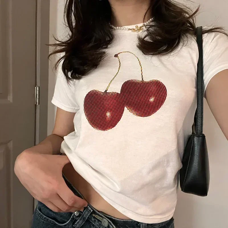 

Beautiful summer baby T-shirts, cherry print Gothic streetwear Harajuku, retro women's shorts, 2000 Y2K clothing