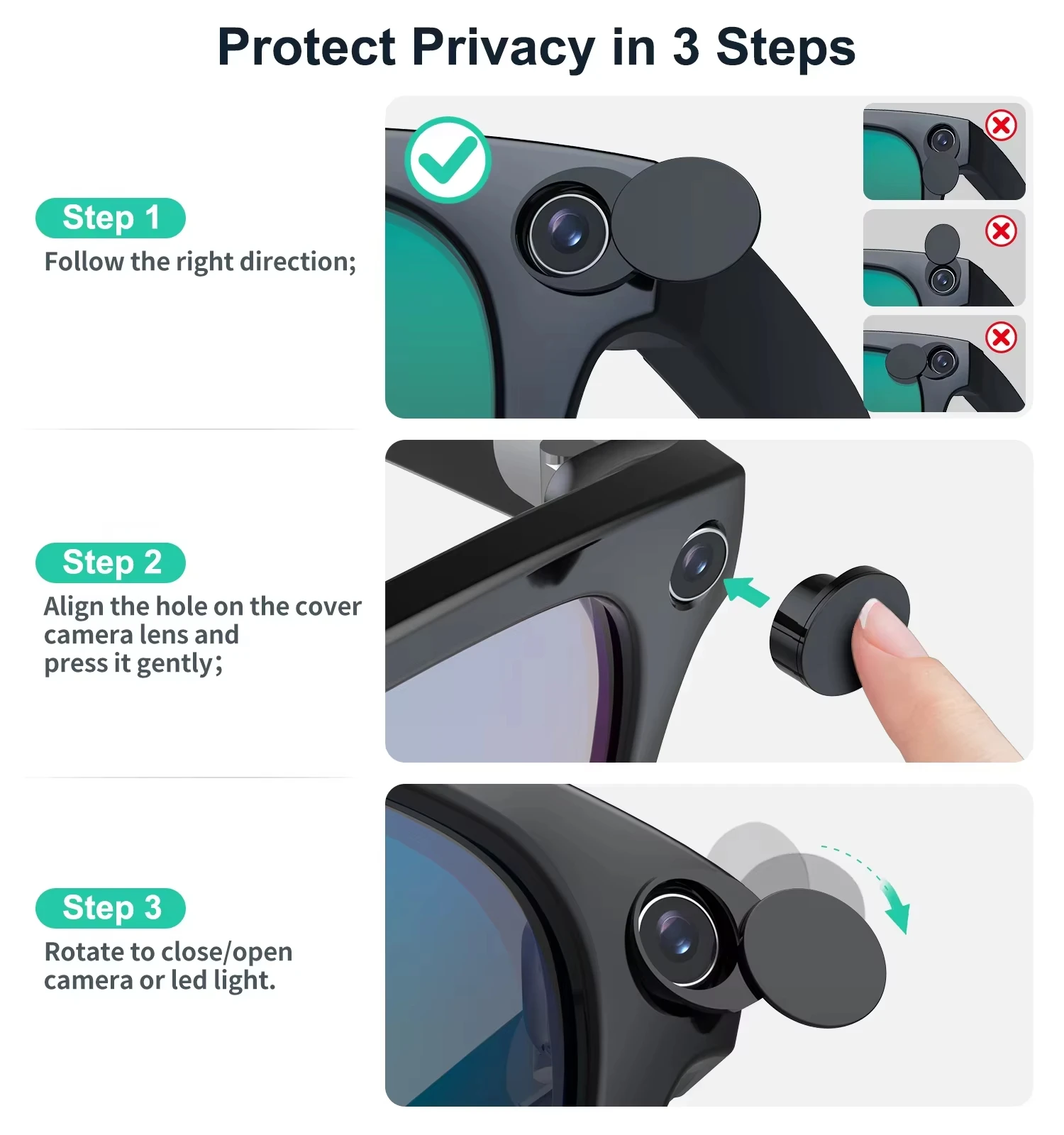 4/6Pcs LED Light Privacy Cover for Ray-Ban Meta Smart Glasses Rotating Camera Lens Shutter for Wayfarer/Skyler/Headliner Gen1&2 image 5