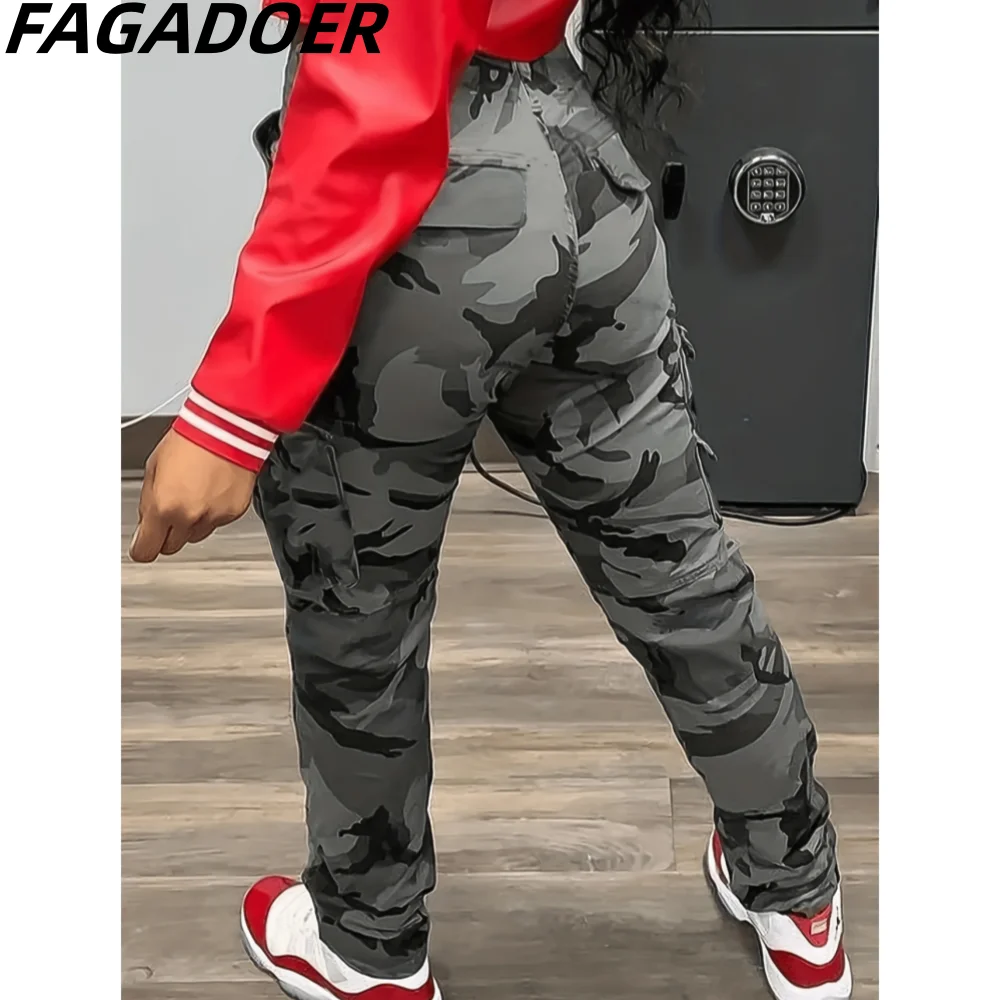 FAGADOER Fashion Camouflage Printing Cargo Pants Women High Waist Pocket Straight Trousers Autumn Casual Sporty Matching Bottoms