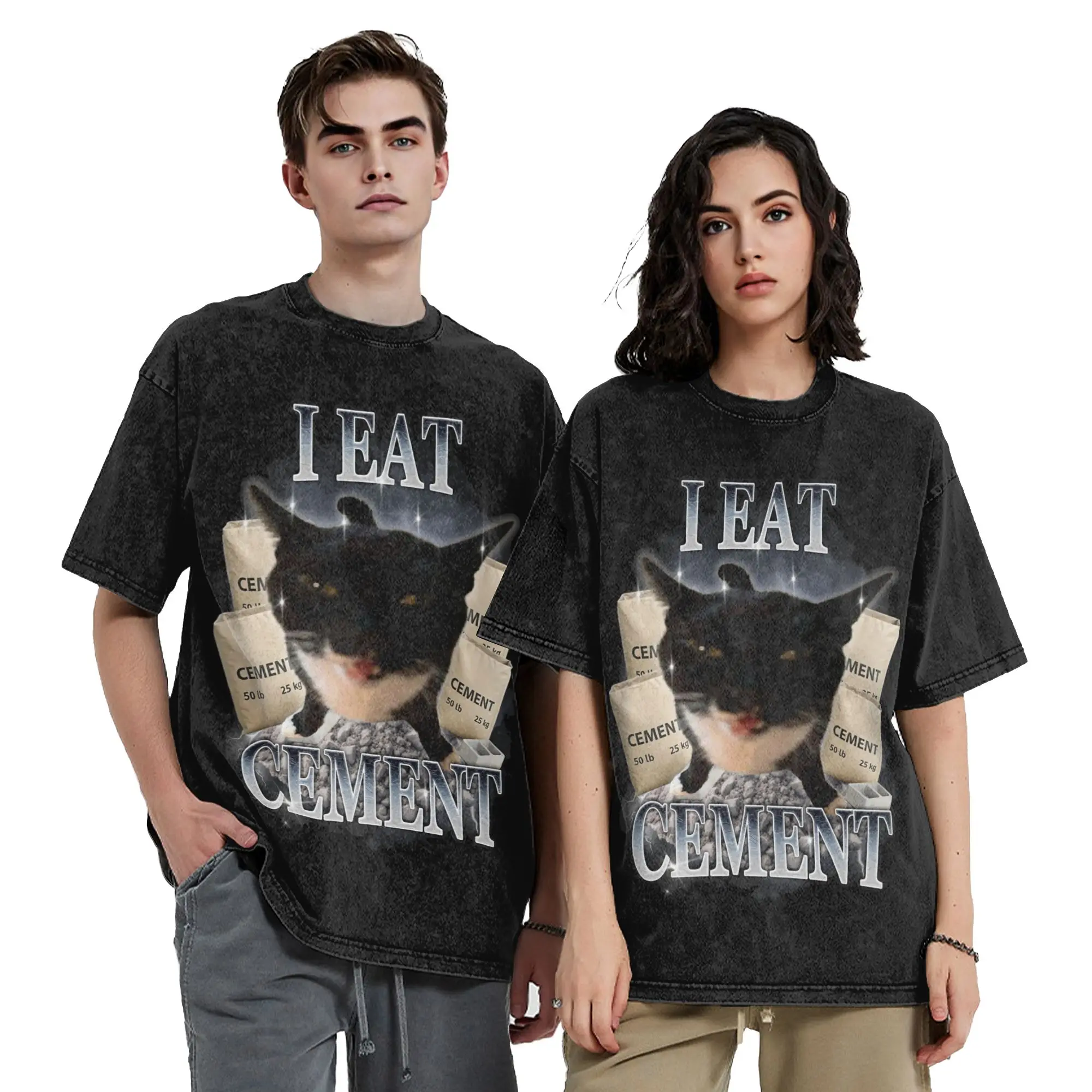 I Eat Cement Funny Cat meme Washed T Shirts Streetwear Hip Hop Fashion T-Shirts  Tees for Men Women Cotton Oversize Summer