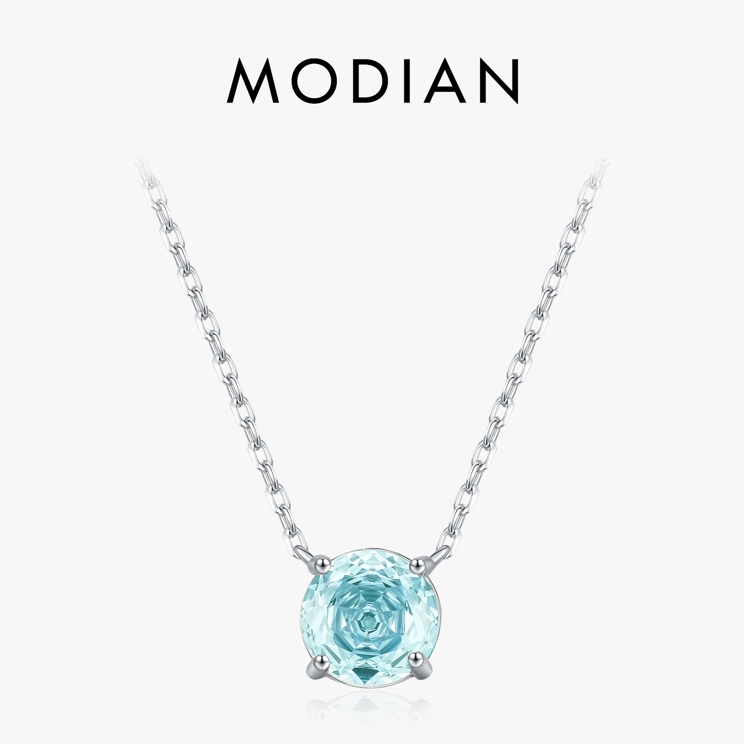 MODIAN 925 Sterling Silver Simple Link Chain Necklace Round Rose Cut Light Sea Blue CZ Pendant Necklace For Women Fine Jewelry