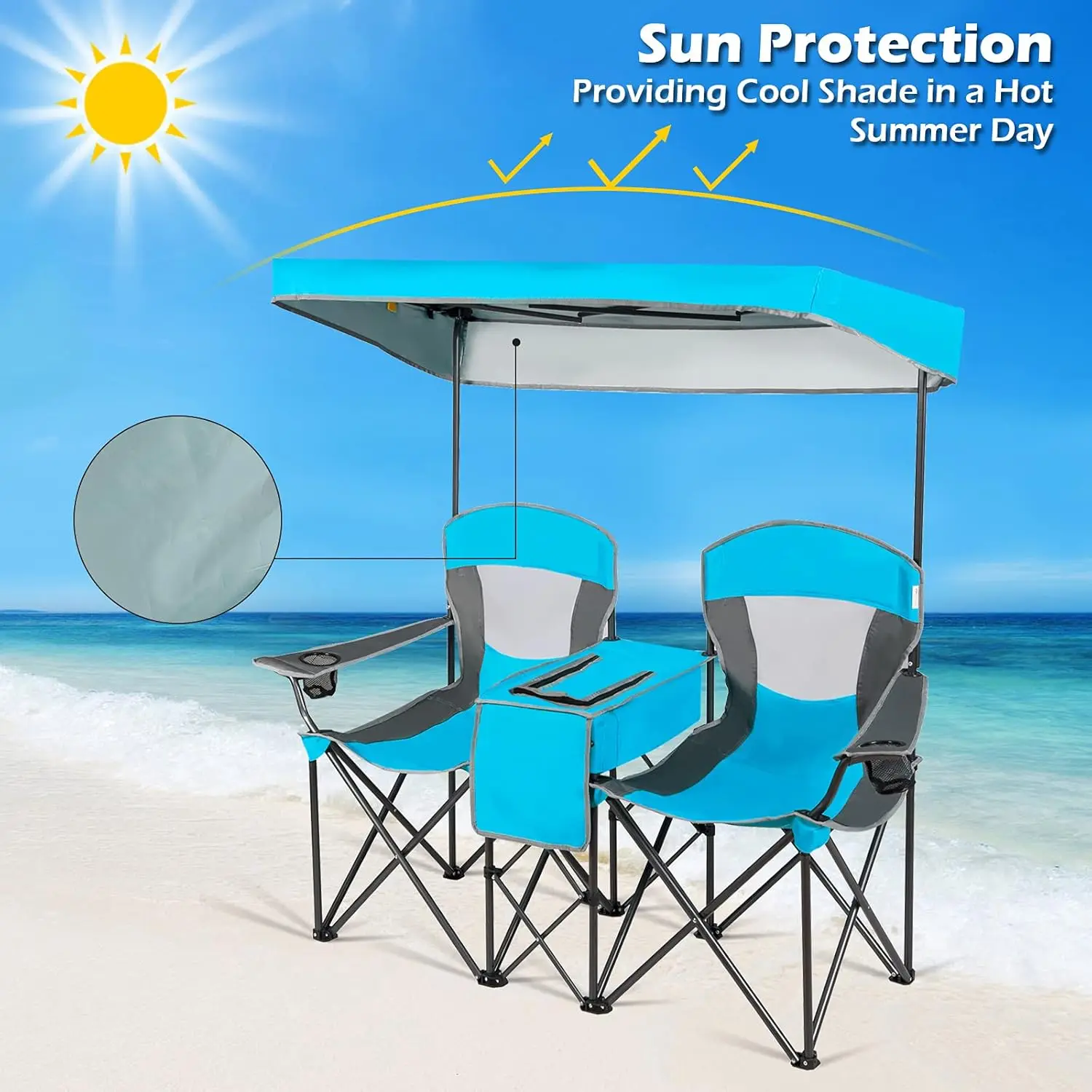 

Double Beach Chair with Canopy Shade, Folding Lawn Camping Chairs with Sunshade & Mini Table Beverage Holder&Carrying Bag