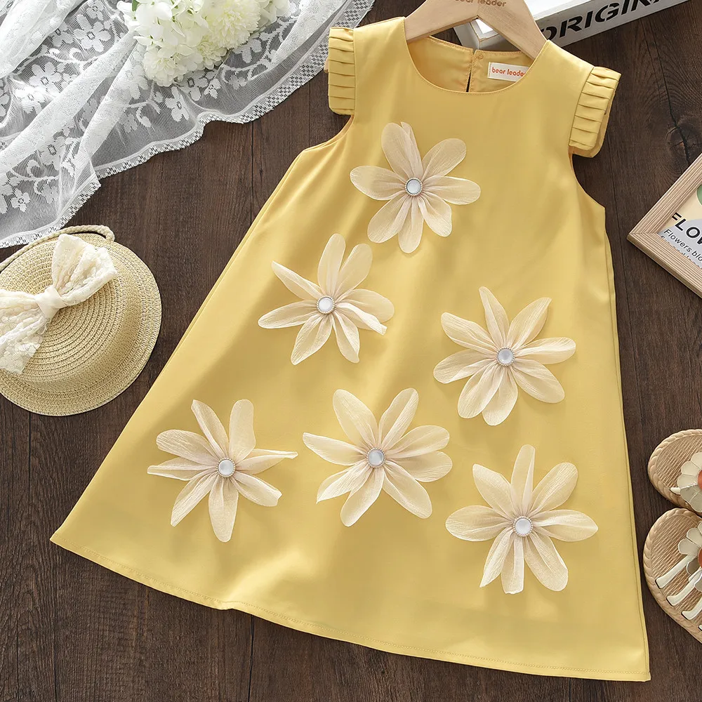 Korean Version 3D Flower Wedding Birthday Party Princess Dress 2-12 Years Casual Dresses for Girls Solid Color Kids Outfits