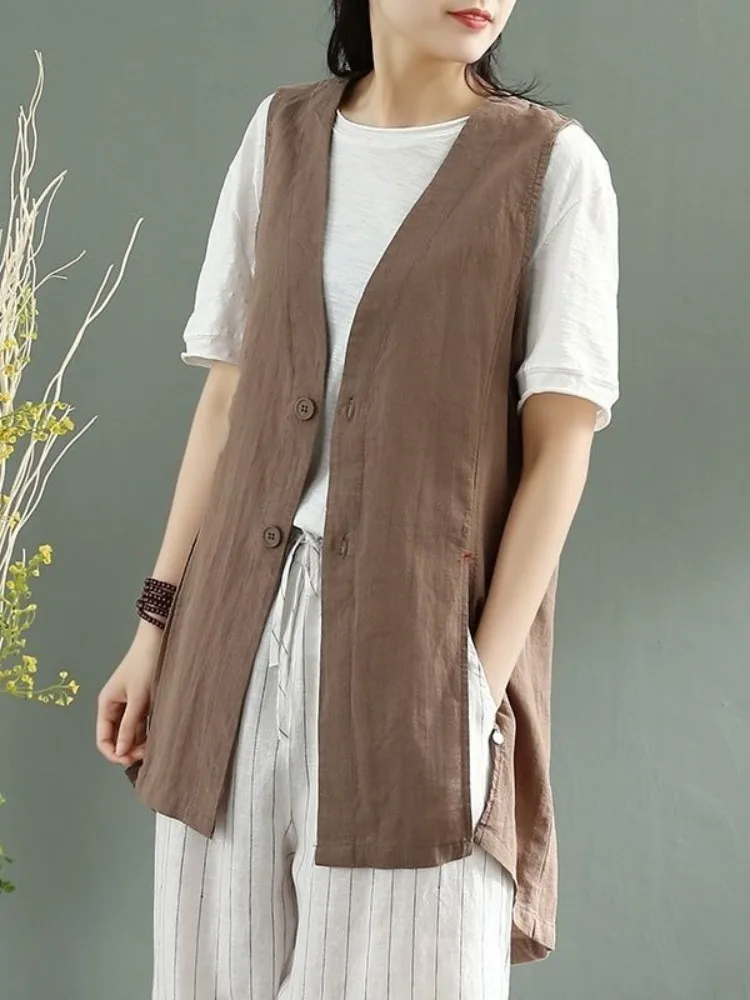

Japanese Style Women's Linen Vest Sleeveless Cotton Linen Thin Outerwear Top Mid-Length V-Neck Button Detail Pure Color