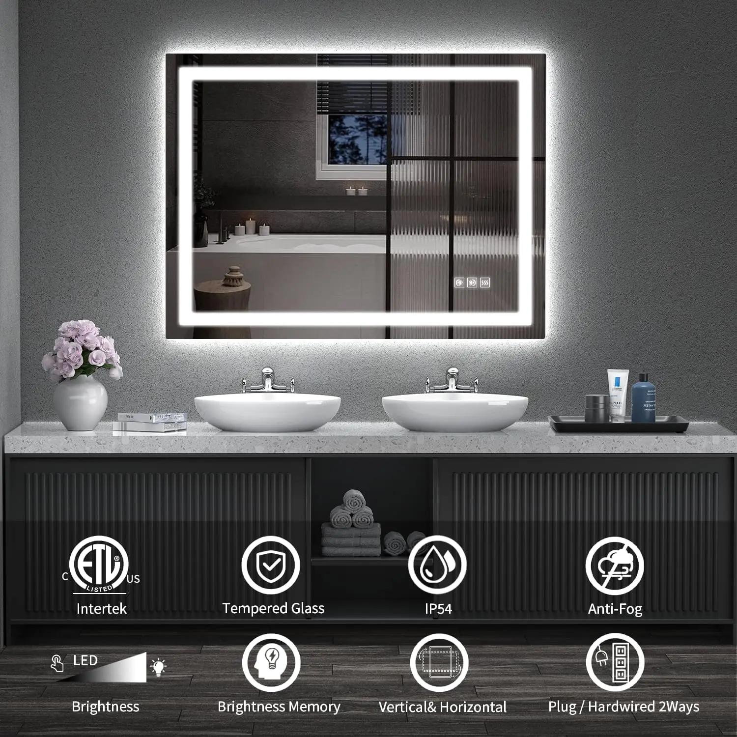 LED Mirror for Bathroom, 48x36 Inch Backlit + Front Lighted Bathroom Vanity Mirror with Lights for Wall, Double Light Strips