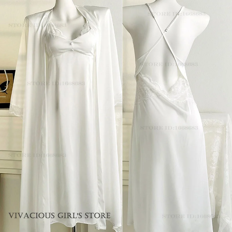 

Elegant Female Long Robe Nightgown Set Sexy Womens Matching Sets Lingerie Summer Backless Nightdres Sleepwear Satin Homewear