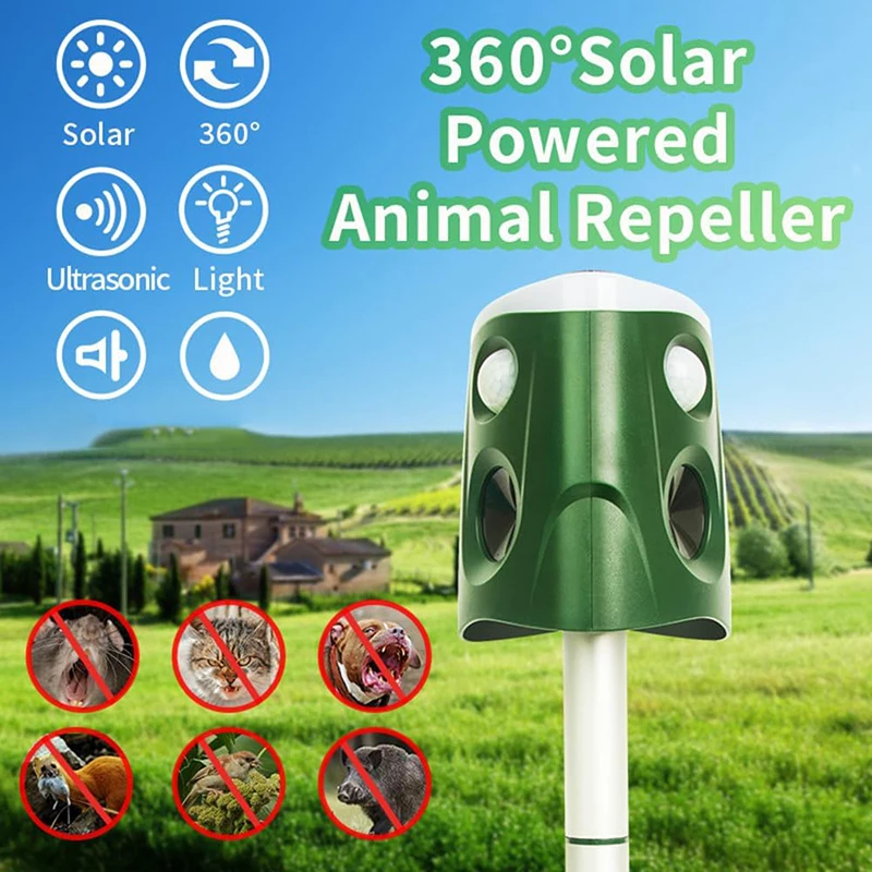 Repelente Ultrasónico de Animales para Exteriores de 360 Grados, Luz LED Solar Intermitente, Alarma Sonora, Repelente de Ratones, Zorros, Gatos y Pájaros