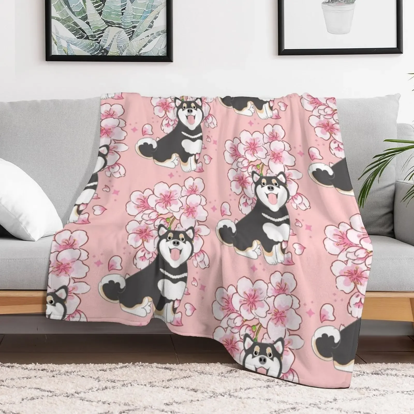 Black Tan Shiba Inu Cherry blossom Throw Blanket Bed covers for winter Thin For Decorative Sofa Blankets