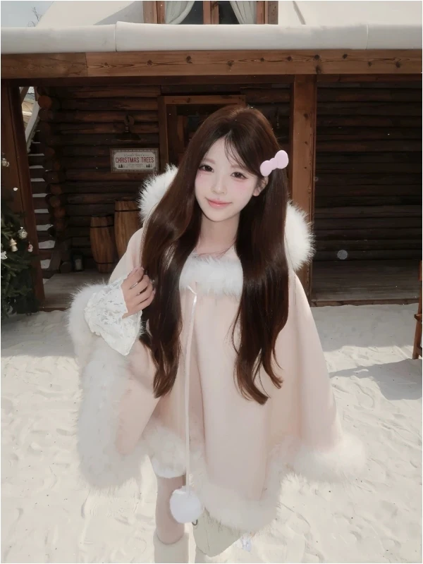 

Sweet Girl Sle Fur Collar Woolen Coat Women Winter Aosphere Feeling Loose oulder Wrap Coat Hooded Outerwear