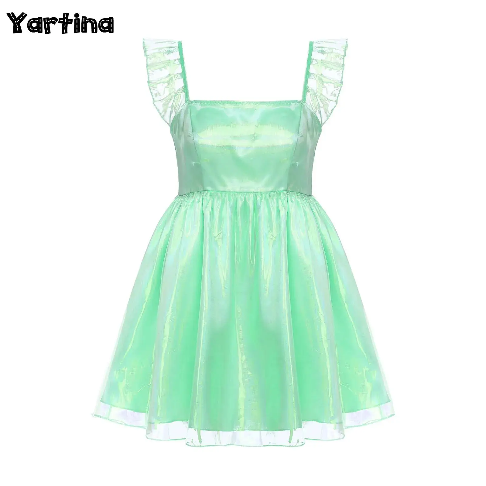 

Женское модное короткое платье принцессы с рюшами на рукавах и высокой талией, пышное мини-платье, блестящее расклешенное платье трапециевидной формы, Rave Party Club Wear